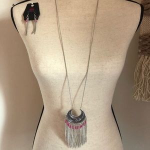 Long Pink & Silver Aztec necklace w/ earrings